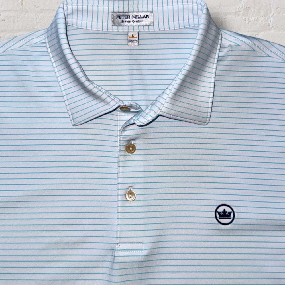 Peter Millar Summer Comfort Polo Shirt Hemlock White Caribbean Blue Striped - L
